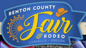 Benton County Fair and Rodeo logo. Blue background with yellow and orange artwork.